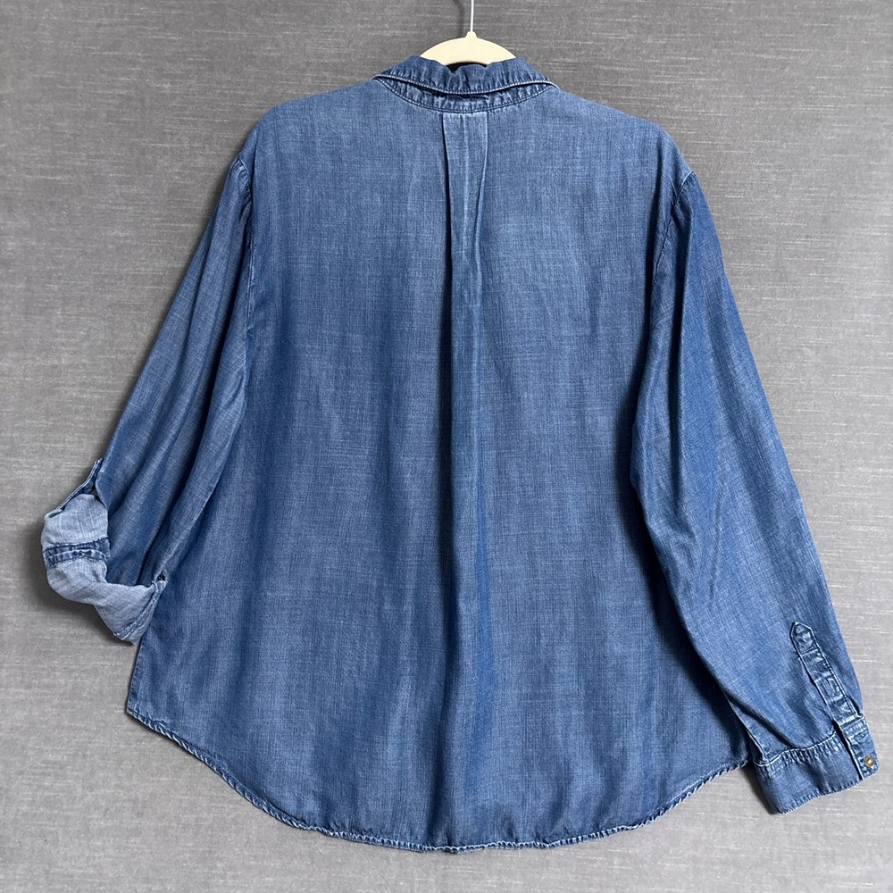 Chicos Top 3 XL 16 Relaxed Blue Chambray Roll Tab Lyocell Button Casual Classic - Picture 2 of 12